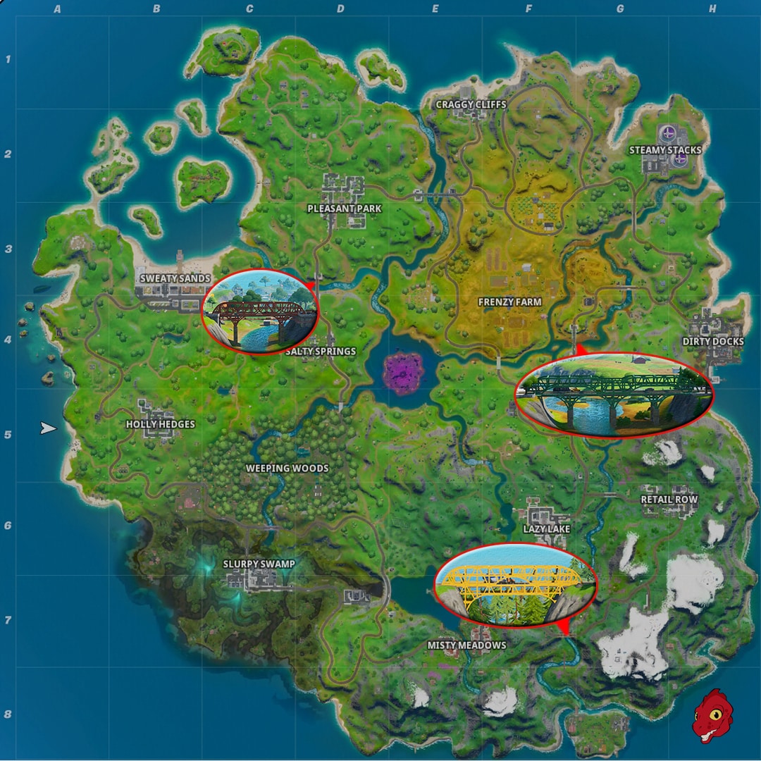 carte-fortnite-danser-a-un-pont-metalique-rouge-jaune-vert-defi-ascension-du-chaos-semaine-9-saison-11-chapitre-2-saison-1-gamosaurus
