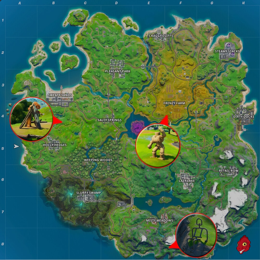 Fortnite : Dansez à Monsieur Tuyaux, à Monsieur Lefoin et à la Tente en Troncs, défi Trick Shot saison 11, Chapitre 2 Saison 1 2 carte-fortnite-defi-trick-shot-danser-a-differentes-structures-monsieur-semaine-7-saison-11-chapitre-2-saison-1-gamosaurus
