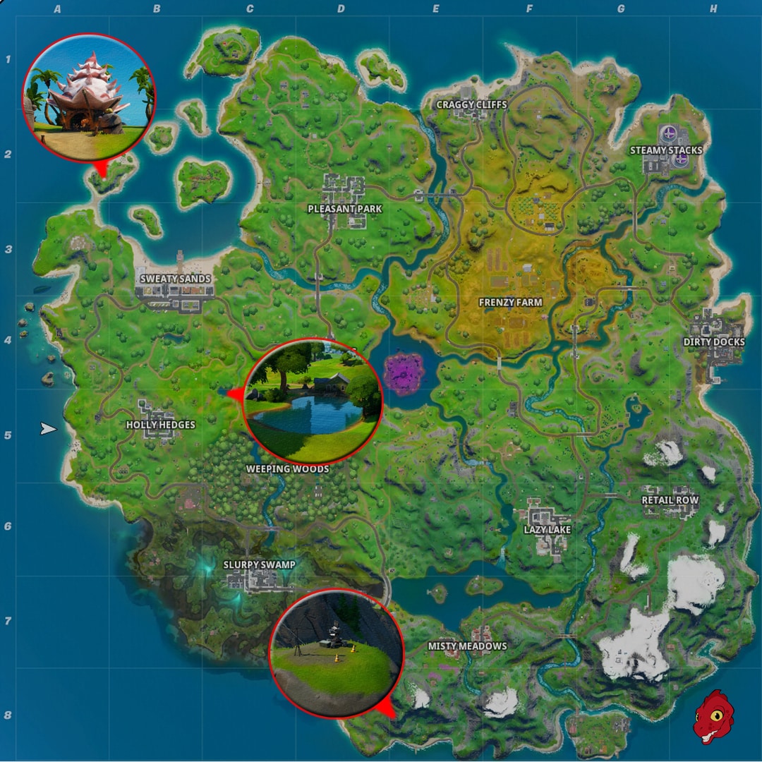 Fortnite : Visiter la rampe à bateau, la crique de corail et l’étang de Flopper, défi Négoce au chantier naval saison 11, Chapitre 2 Saison 1 2 carte-fortnite-visiter-rampe-a-bateau-crique-de-corail-etang-de-flopper-defi-negoce-au-chantier-naval-semaine-4-saison-11-chapitre-2-saison-1-gamosaurus