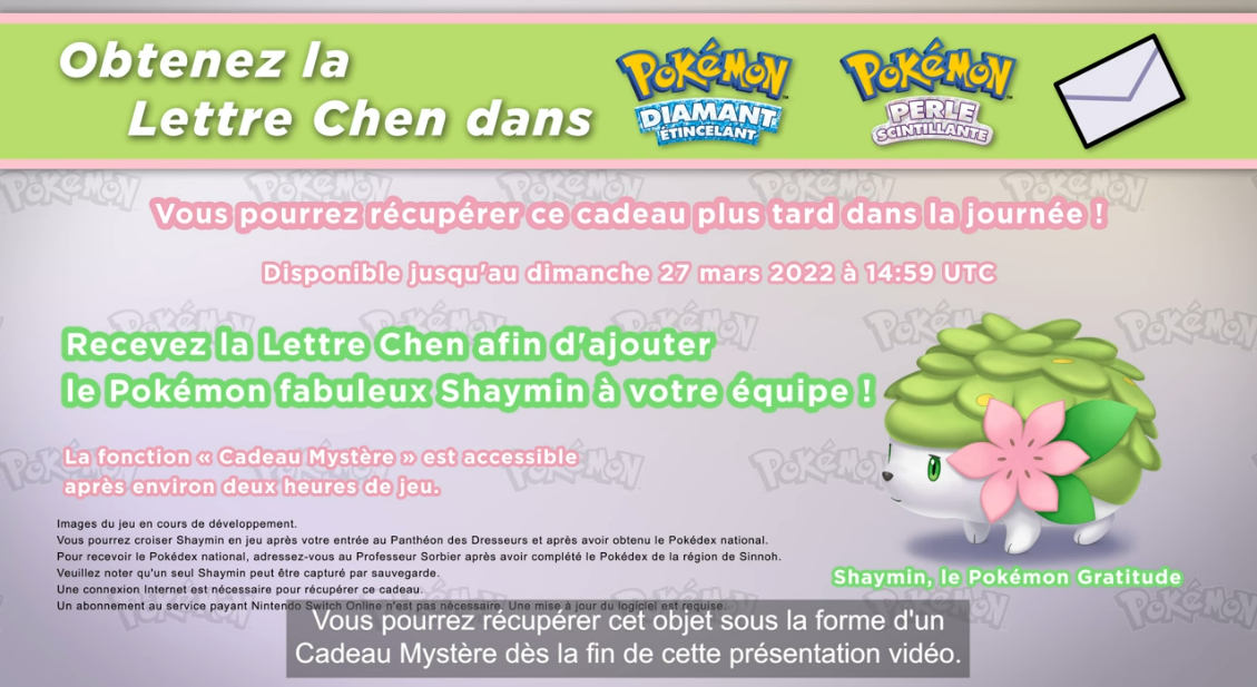 shaymin pokemon diamant perle scintillante étincelant nintendo switch cadeau mystère code