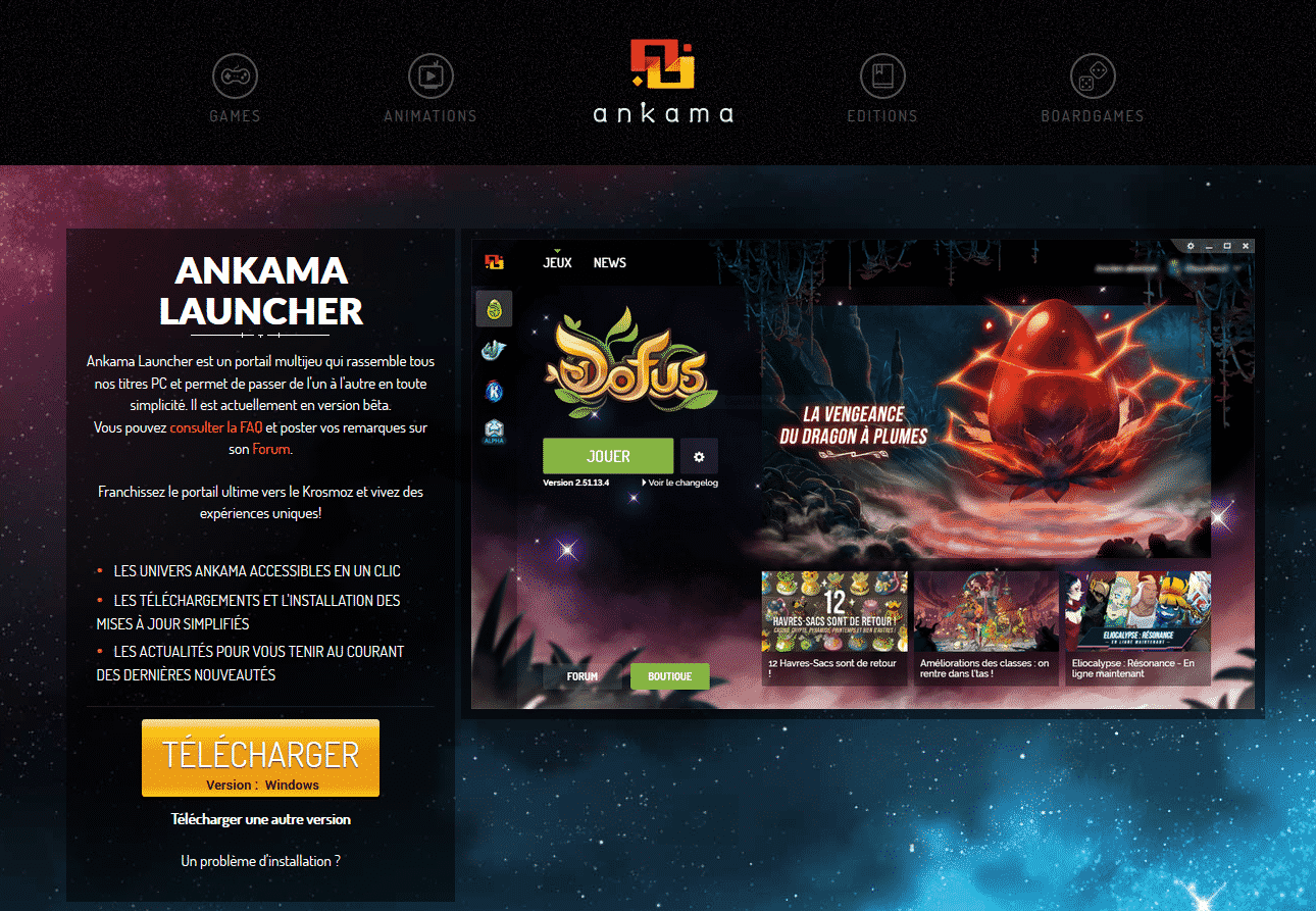 Page d'Ankama permettant de télécharger l'Ankama Launcher